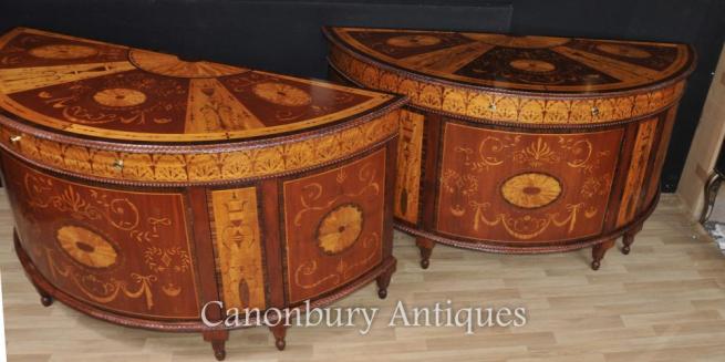 Pair Regency Inlaid Commodes Demi Lune Cabinets Marquetry Inlay