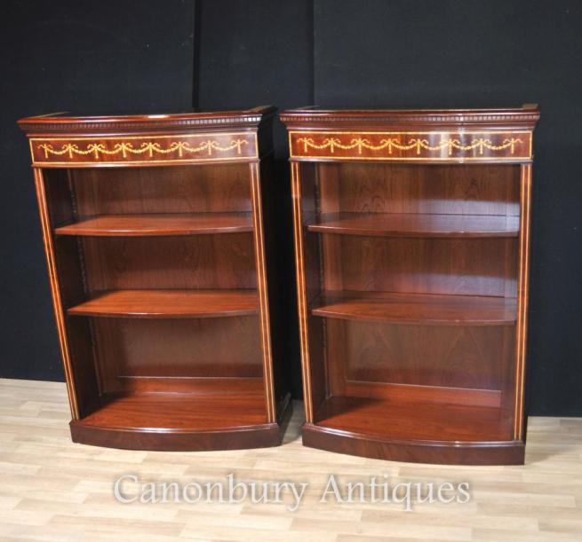 Pair Regency Open Bookcases Mahogany Adjustable Shelving Sheraton Inlay