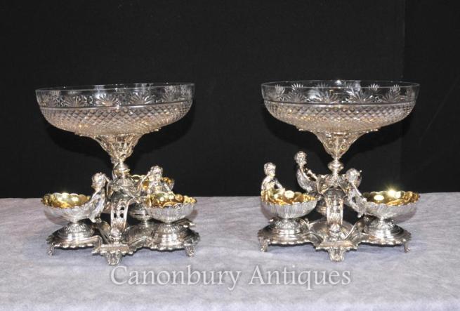 Pair Sheffield Silver Plate Cherub Bowls Dishes Centerpiece Crystal Glass
