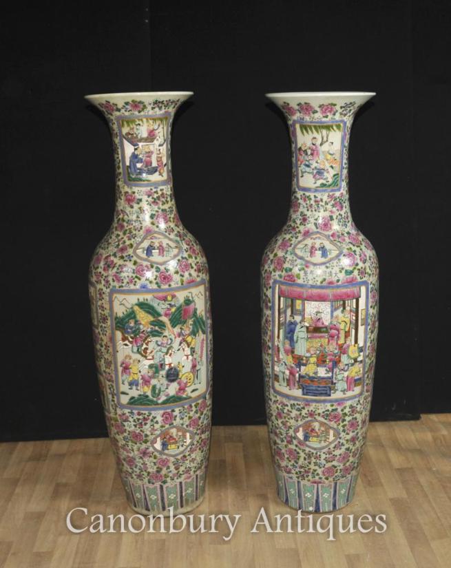 Pair Tall Chinese Canton Porcelain Vases Urns Cantonese Hand Painted Ceramic