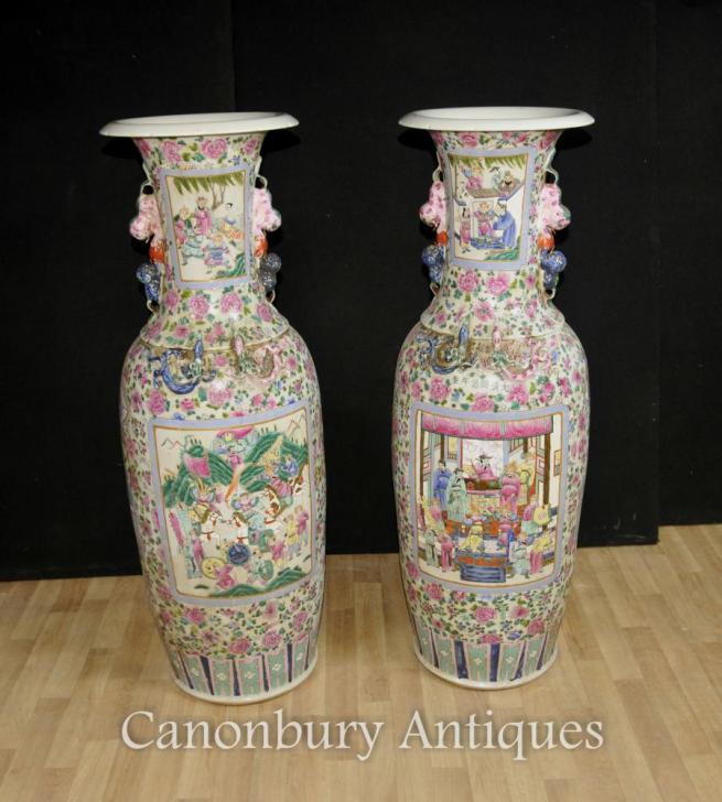 Pair XL Chinese Cantonese Porcelain Urns Vases Hand Painted Amphora