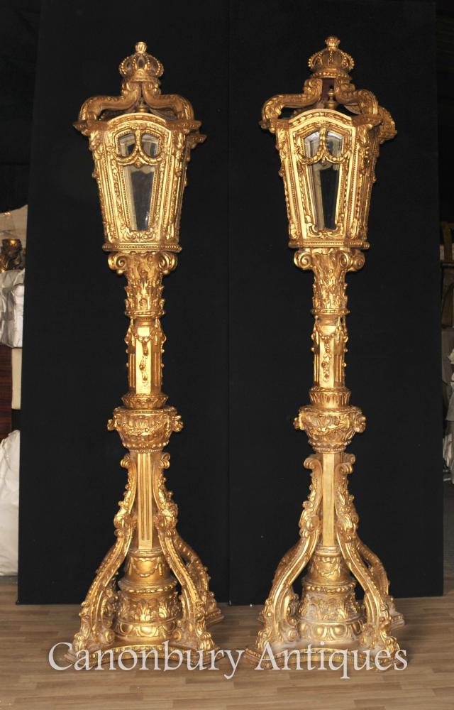 Pair XL Italian Gilt Wood Lamps Architectural Lighting Lantern