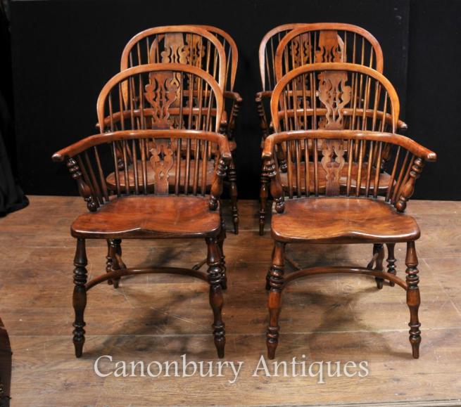 Set 6 Antique Stick Back Windsor Dining Chairs Kitchen Diner 1930