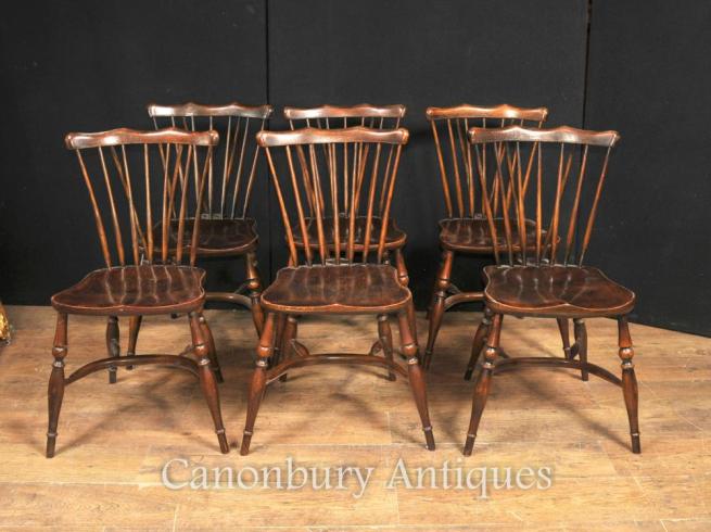 Set 8 Antique Oak Windsor Chairs 1920 Kitchen Dining Chair