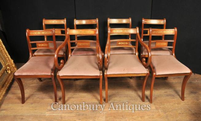 Set 8 Walnut Antique Regency Dining Chairs Brass Inlay