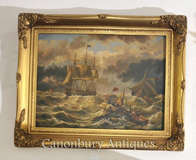 Victorian English Oil Painting Sea Scape Ship Maritime Signed A Hess
