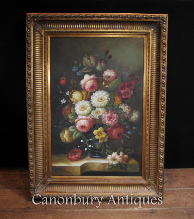 Victorian Floral Still Life Oil Painting Gilt Frame Flowers