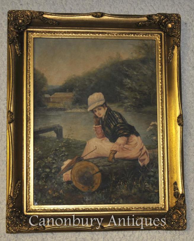 Victorian Oil Painting Potrait Young Girl on Thames London