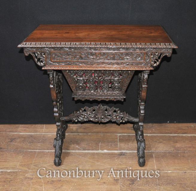 Antique Hand Carved Burmese Desk Writing Table 1890 Hardwood