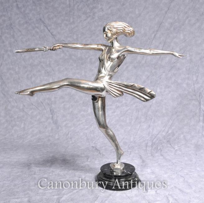 Art Deco Silver Plate Bronze Diana the Hunter Dagger Statue