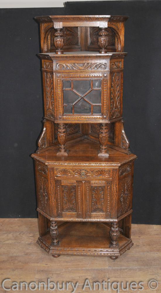 English Antique Carved Oak Jacobean Corner Cabinet 1890s