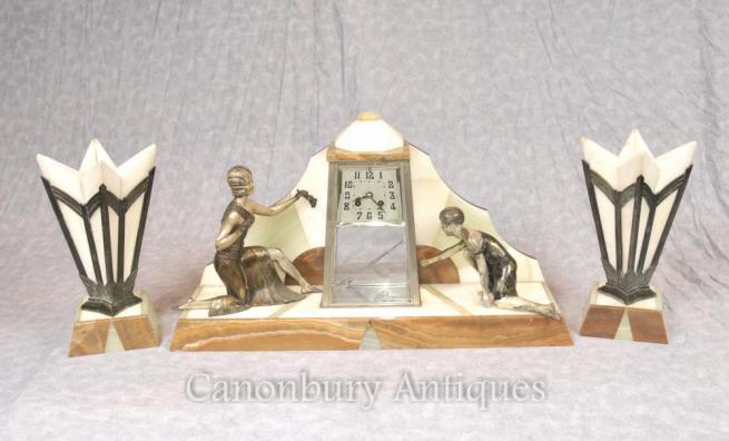 French Antique Art Deco Mantle Clock Set Spelter Figurine 1920s Marble Urns