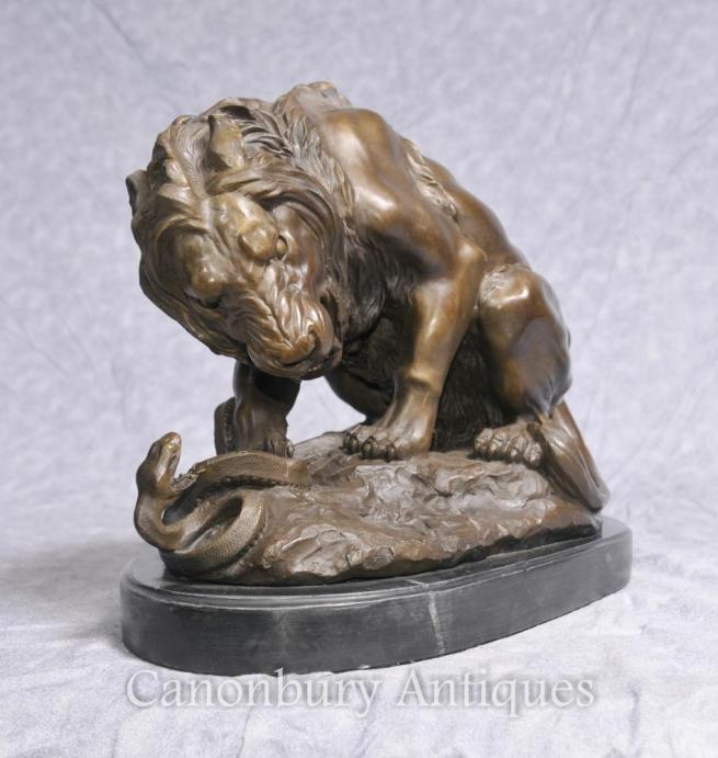 French Bronze Lion Kill Statue Signed Barye Snake Statue