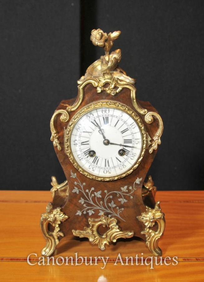 French Empire Antique Rococo Mantle Clock Mother of Pearl Inlay