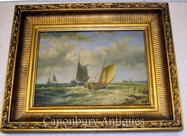 French Oil Painting Maritime Sea Scape Normandy Coast Sailboat