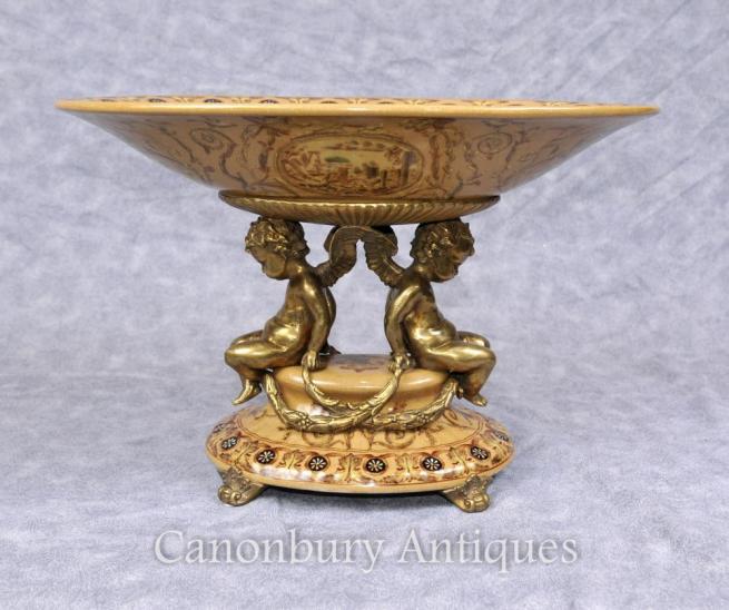 French Porcelain Cherub Comport Dish Bowl Ormolu Putti