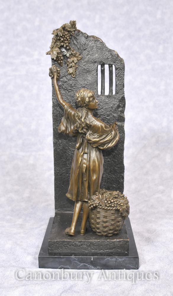 Italian Bronze Girl Grape Picker Statue Classical Art Signed Milo