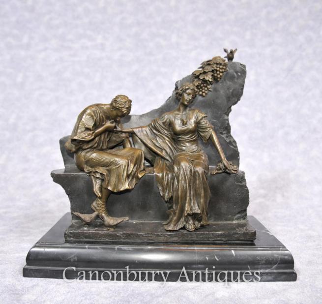 Italian Bronze Roman Lovers Statue Signed Milo Maiden Toga Kiss Classical