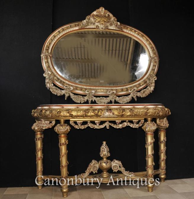 Louis XVI Painted Console Table and Mirror Set Rococo Furniture