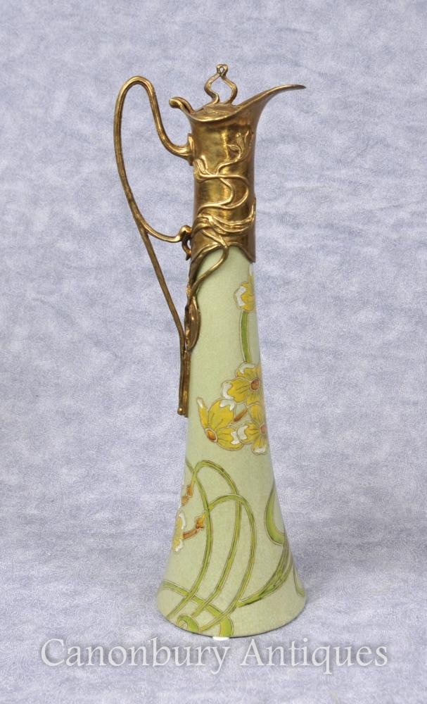 Pair Art Nouveau Porcelain Jugs Decanters Floral Motifs