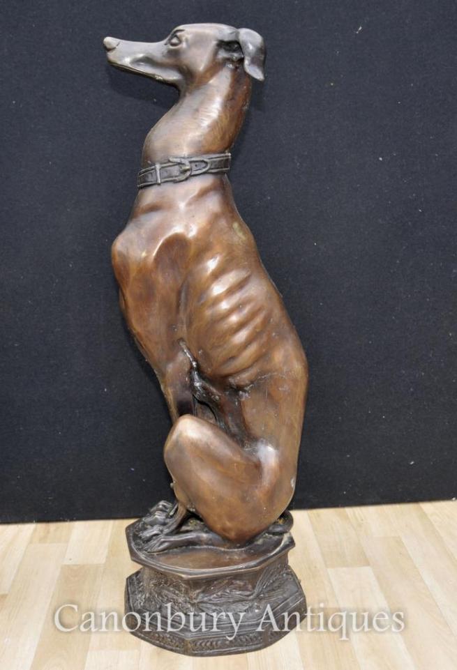 Pair Big Art Deco Bronze Greyhounds Dogs Statues Casting
