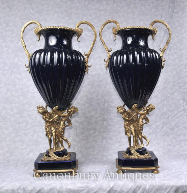 Pair Big French Empire Porcelain Vases Ormolu Maiden Amphora Urn