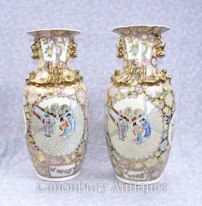 Pair Chinese Cantonese Porcelain Vases Urns Hand Painted Canton