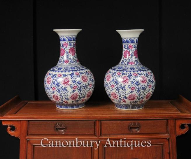 Pair Chinese Famile Rose Porcelain Vases Urns Shangping Form Kangxi