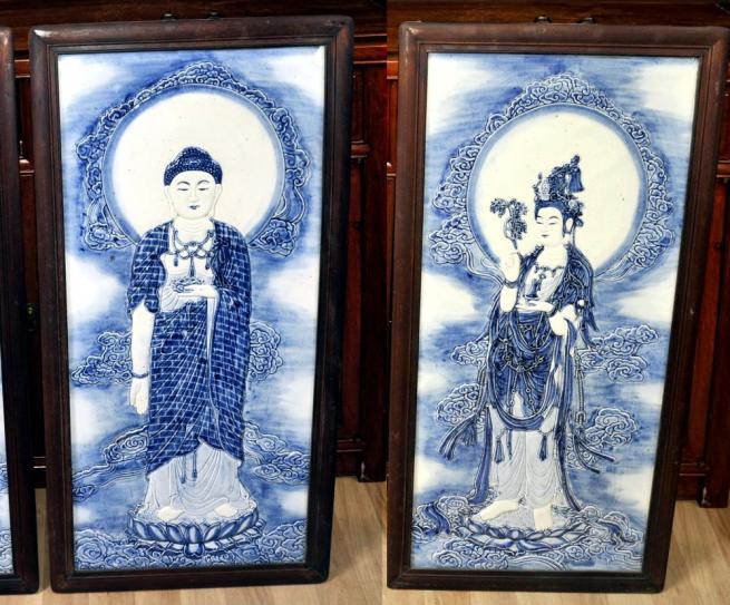 Pair Chinese Nanking Blue and White Porcelain Plaques Male Buddha Female