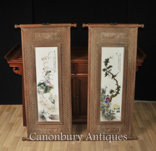 Pair Chinese Wucai Porcelain Plaques Paintings Cranes Hardwood Frame