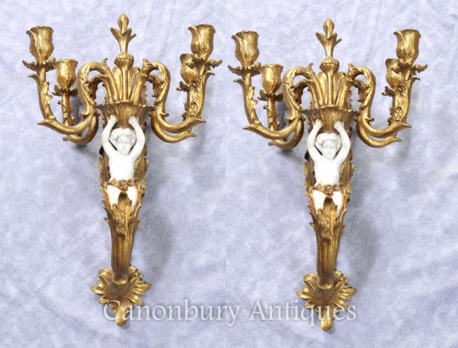 Pair French Alabaster Gilt Cherub Sconces Candelabras Wall Light