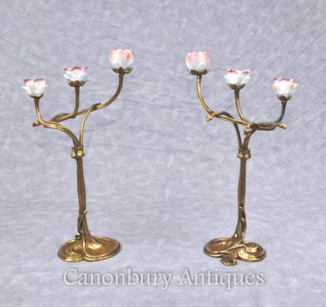 Pair French Art Nouveau Ormolu Candelabra Candelsticks