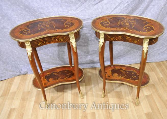 Pair French Louis XVI Side Table Kidney Bean Form