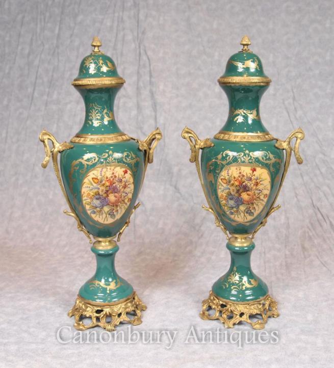 Pair French Sevres Floral Porcelain Vases Urns
