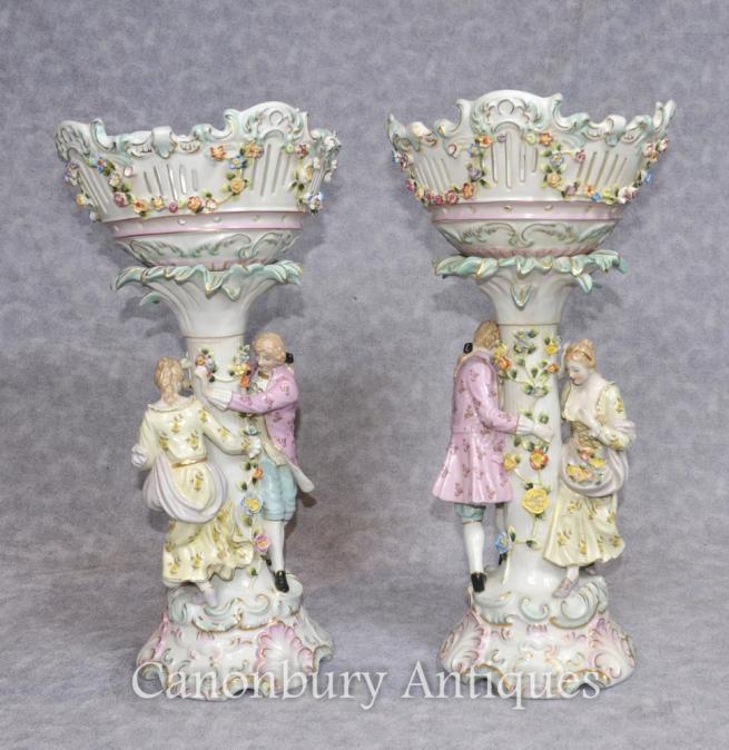 Pair German Dresden Porcelain Encrusted Bowl Planter Stands