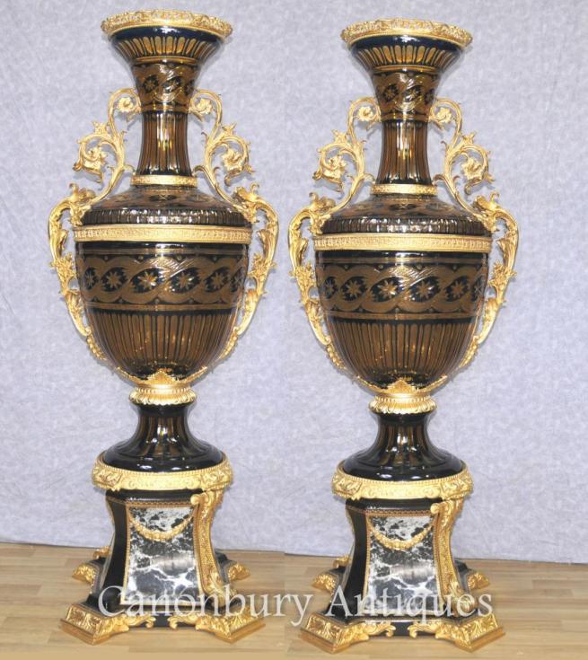 Pair Large French Louis XVI Cut Glass Amphora Vases Urns