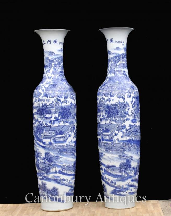 Pair XL Chinese Nanking Porcelain Vases Urns Ceramic