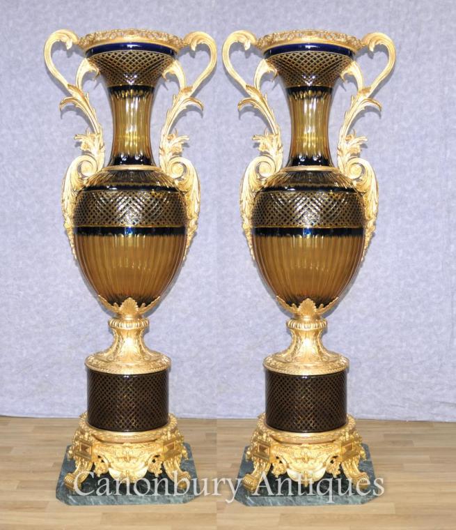 Pair XL French Empire Crystal Cut Glass Urns Vases Ormolu