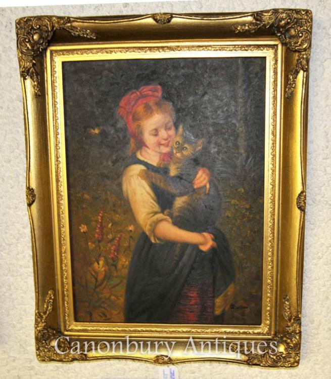 Victorian Oil Painting Portrait Girl and Kitten Cat Signed