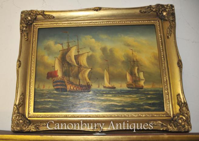 Victorian Oil Painting Sea Scape Galleons English Channel