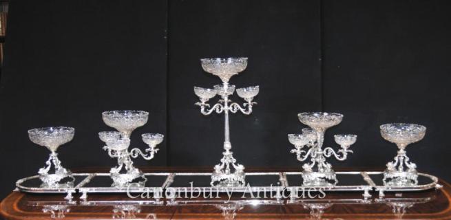Victorian Sheffield Silver Plate Epergne Centrepiece Cut Glass Bowl