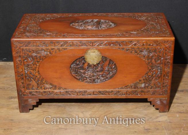 Antique Chinese Carved Camphor Wood Chest Luggage Trunk Table