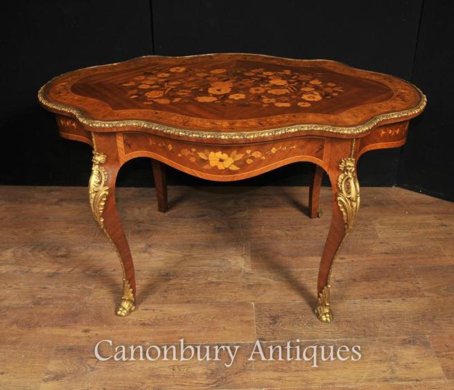 Antique French Empire Shaped Coffee Table 1880 Marquetry Inlay