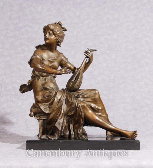 Classical Italian Bronze Maiden and Lyre Statue Figurine Signed