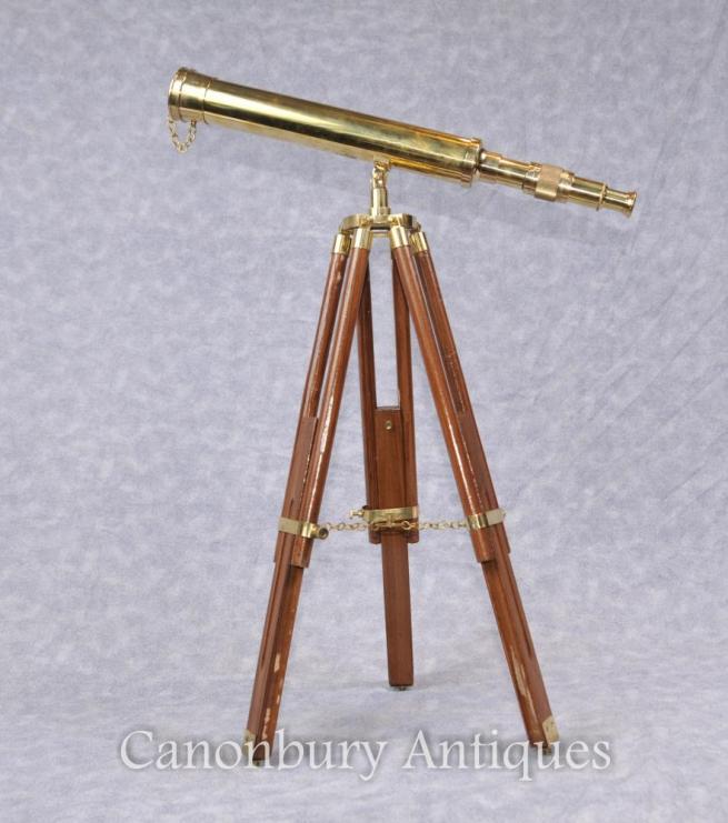 English Brass Telescope on Wooden Tripod Base