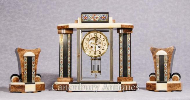 French Antique Art Deco Mantle Clock Cloisonné Garniture Set