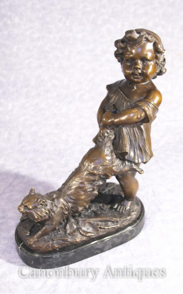 French Bronze Girl and Cat Statue Figurine