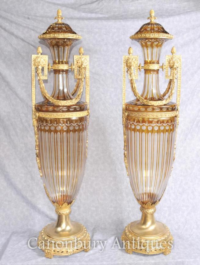 French Empire Gut Glass Urns Vases Amphora Form Ormolu Mounts