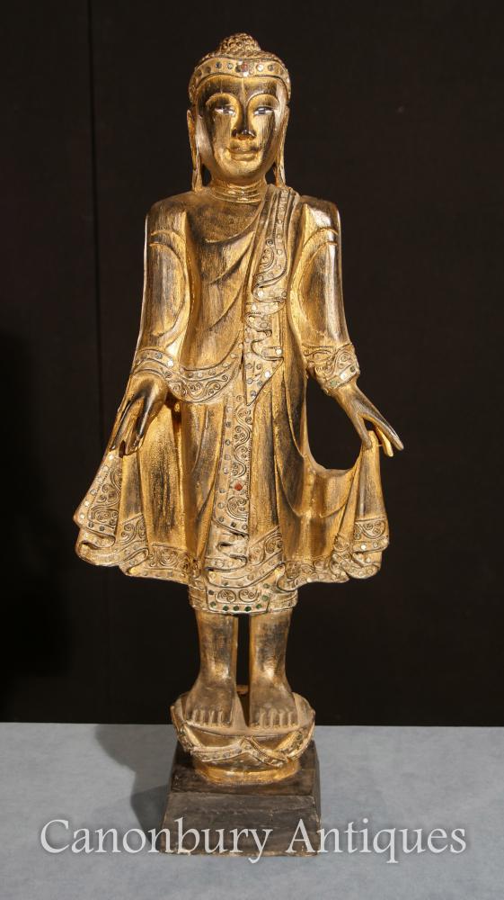 Gilded Hand Carved Standing Buddha Statue Tibetan Buddhist Art