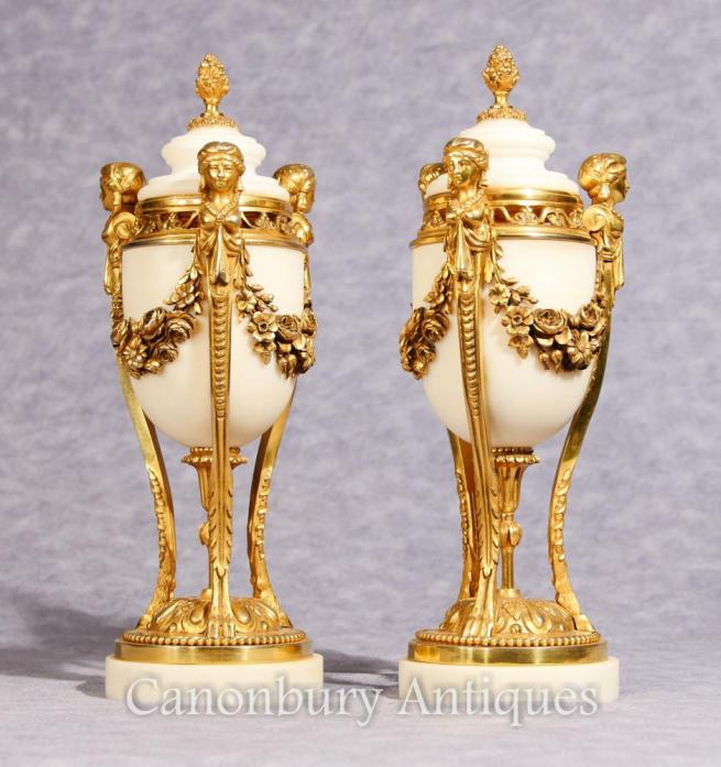 Pair Antique French Empire Marble Cassoulets Urns